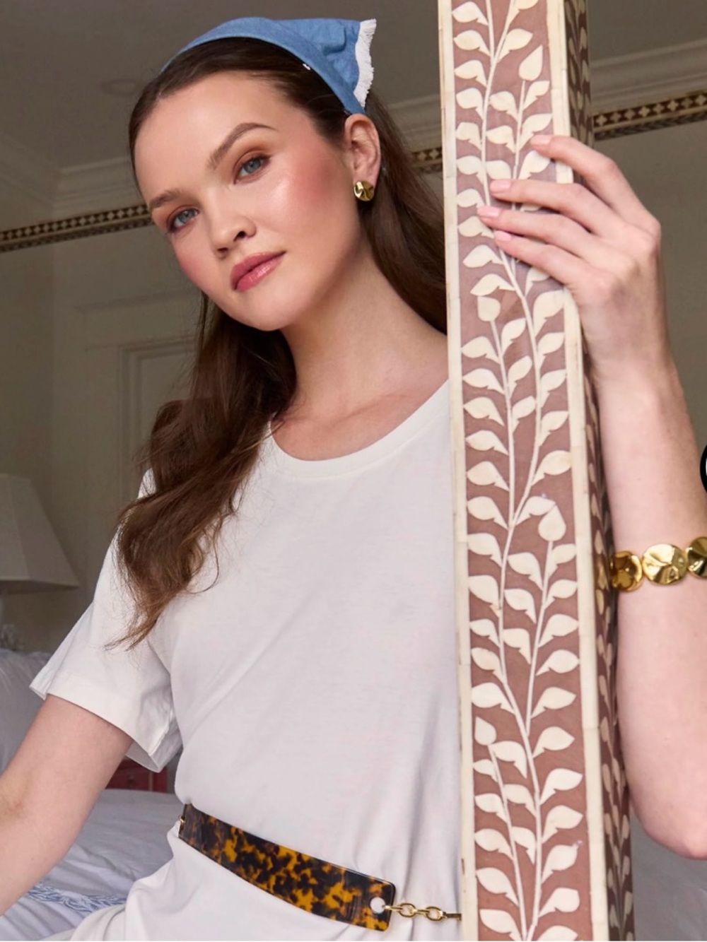 Lele Sadoughi LIGHT DENIM JACKIE CHAMBRAY HANDKERCHIEF HEADBAND + lace headband - Picture 2 of 11